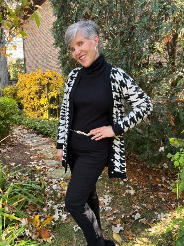 what to wear for thanksgiving, The fifth and final look in my What to Wear for Thanksgiving is a cozy ensemble where again I wore a column of black with a black ribbed turtleneck black jeans black suede booties and a classic Talbots black and white houndstooth cardigan I added a silver link belt and silver pave hoop earrings