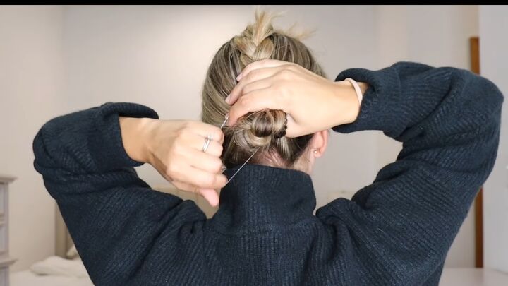 easy braid updo for the holidays, Adding hair tie