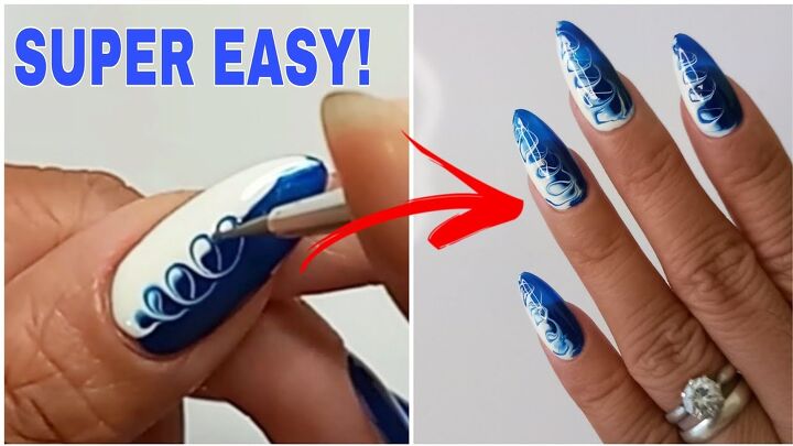 how to diy these trendy and super easy blue swirl nails, Finished DIY blue swirl nails