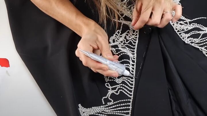 easy no sew tutorial how to diy a crystal fringe dress and blazer, Adding glue