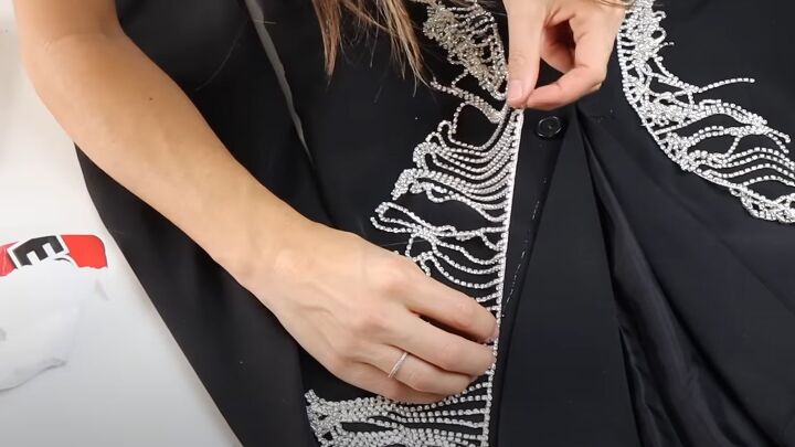 easy no sew tutorial how to diy a crystal fringe dress and blazer, Laying the trim