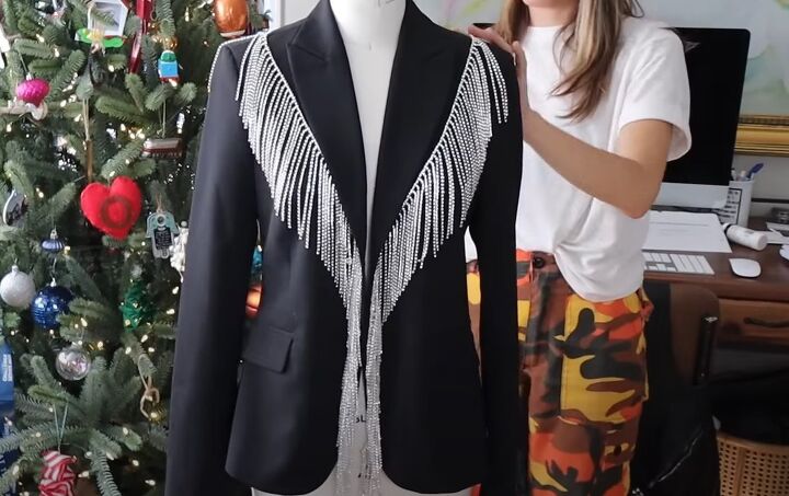 easy no sew tutorial how to diy a crystal fringe dress and blazer, Progress shot DIY blazer
