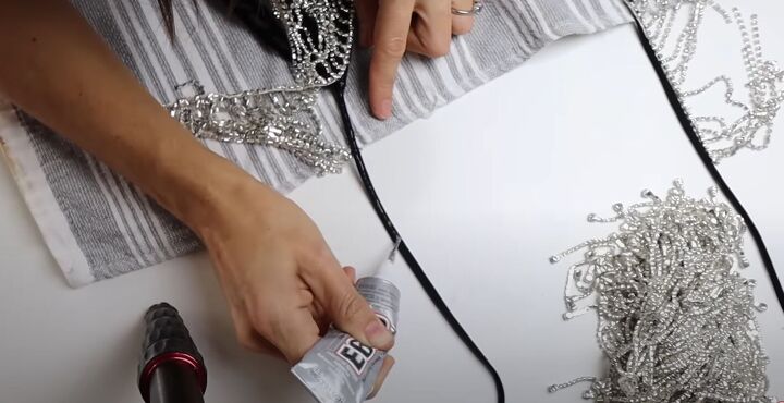 easy no sew tutorial how to diy a crystal fringe dress and blazer, Adding glue
