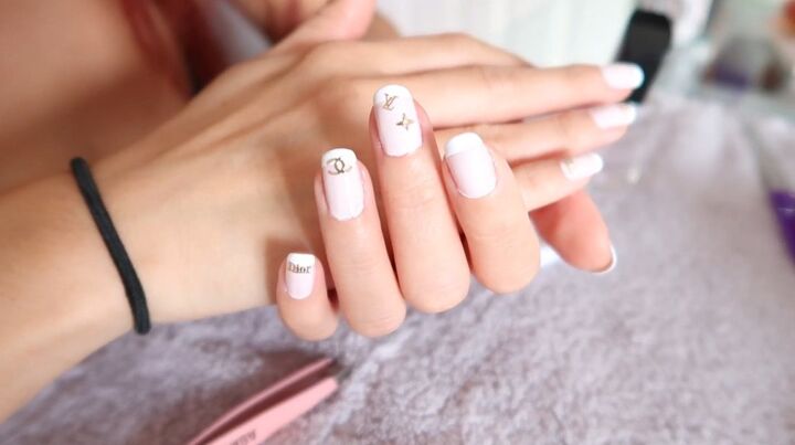 easy nail tutorial diy french manicure with designer nail stickers, Completed designer logo nail art
