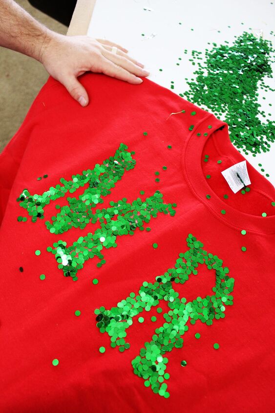 diy ugly christmas sweater ideas for couples, How to make sequin letters for DIY Ugly Christmas Sweaters