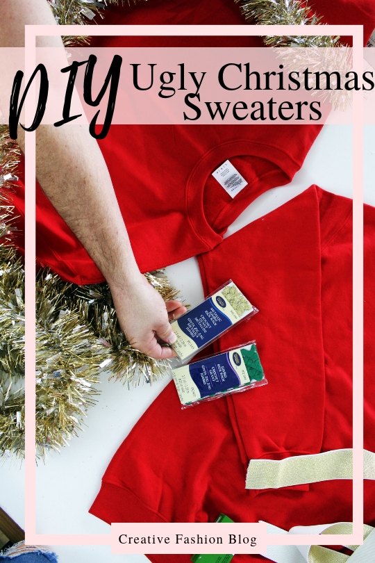 diy ugly christmas sweater ideas for couples, How to make a DIY ugly Christmas Sweater for couples from recycled tinsel