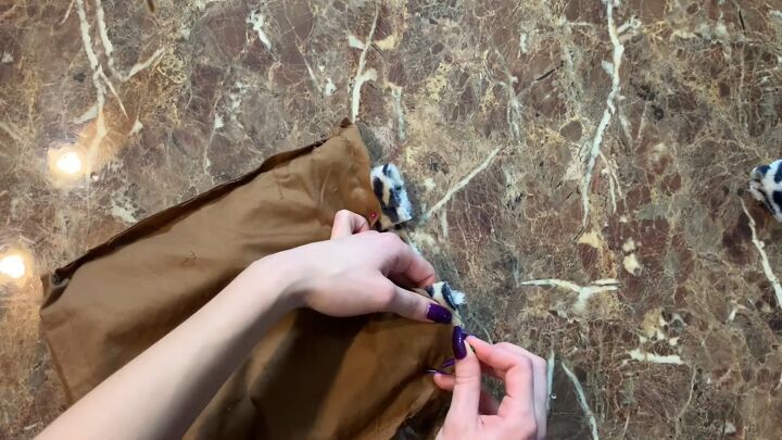 blanket upcycle how to diy a super trendy faux fur bag, Putting the straps between the lining and the fuzzy fabric