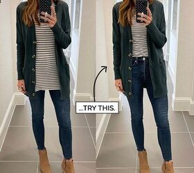 how to wear long cardigans, green cardigan with striped tee and jeans