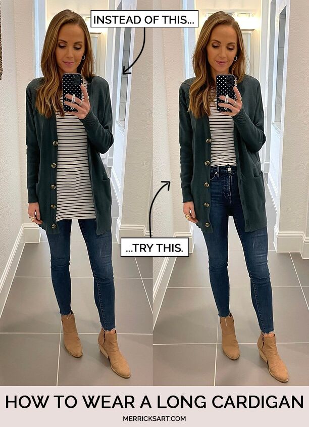 how to wear long cardigans, green cardigan with striped tee and jeans