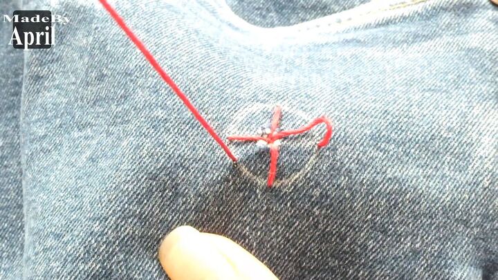 save your favorite jeans with this easy embroidery hole repair hack, Embroidering a cross