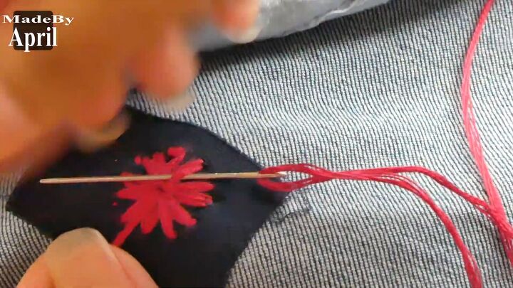 save your favorite jeans with this easy embroidery hole repair hack, Knotting embroidery flower
