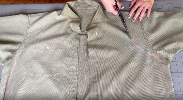 upcycle tutorial impressive shirt to dress diy transformation, Cutting the shirt