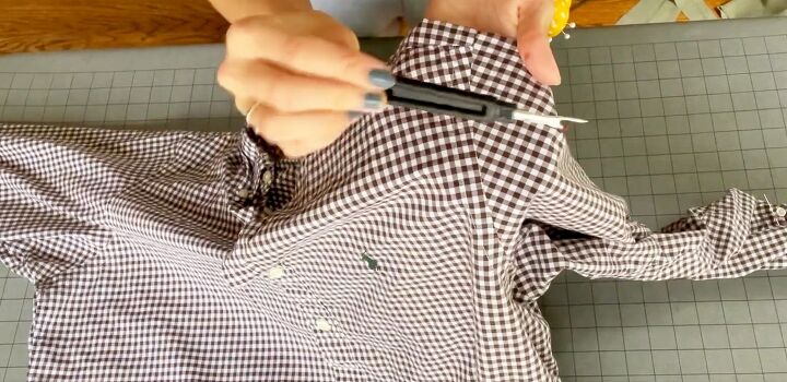 upcycle tutorial impressive shirt to dress diy transformation, Removing the sleeves