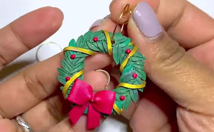 how to make super cute polymer clay christmas wreath earrings, Completed polymer clay Christmas earrings