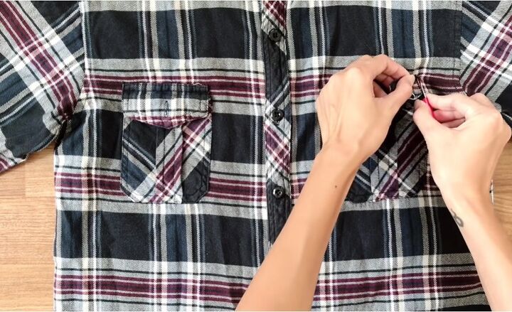 how to sew a super cute rachel green skirt from an old plaid shirt, Removing the pockets