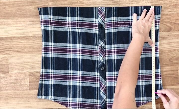 how to sew a super cute rachel green skirt from an old plaid shirt, Measuring fabric