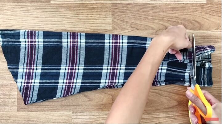 how to sew a super cute rachel green skirt from an old plaid shirt, Cutting sleeves