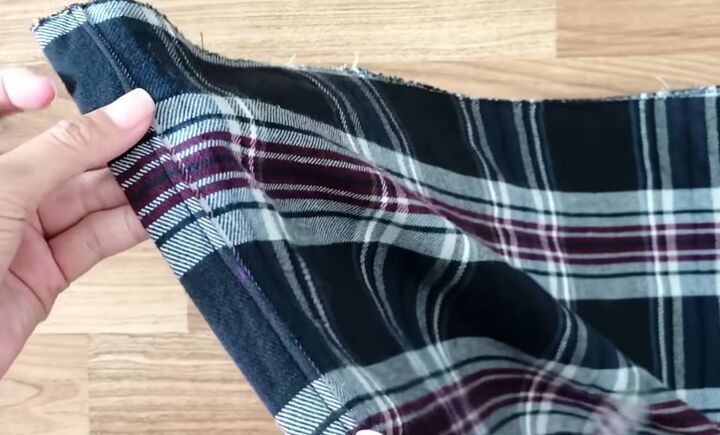 how to sew a super cute rachel green skirt from an old plaid shirt, Hemming the sides