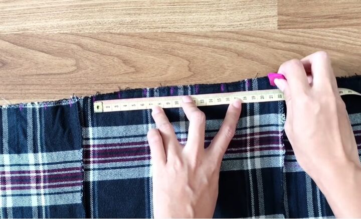 how to sew a super cute rachel green skirt from an old plaid shirt, Marking the pleats