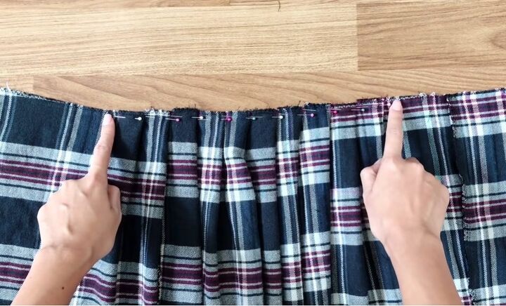 how to sew a super cute rachel green skirt from an old plaid shirt, Pinned pleats