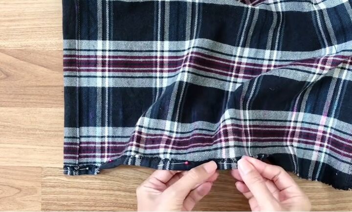 how to sew a super cute rachel green skirt from an old plaid shirt, Hemming the bottom of the skirt