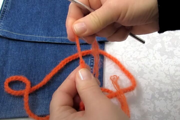 how to diy a fun crossbody bag from old jeans, Crocheting a crossover strap