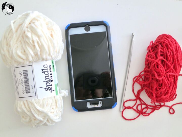 crochet phone pouch santa inspired, red and white yarn crochet hook and cell phone for crochet phone pouch