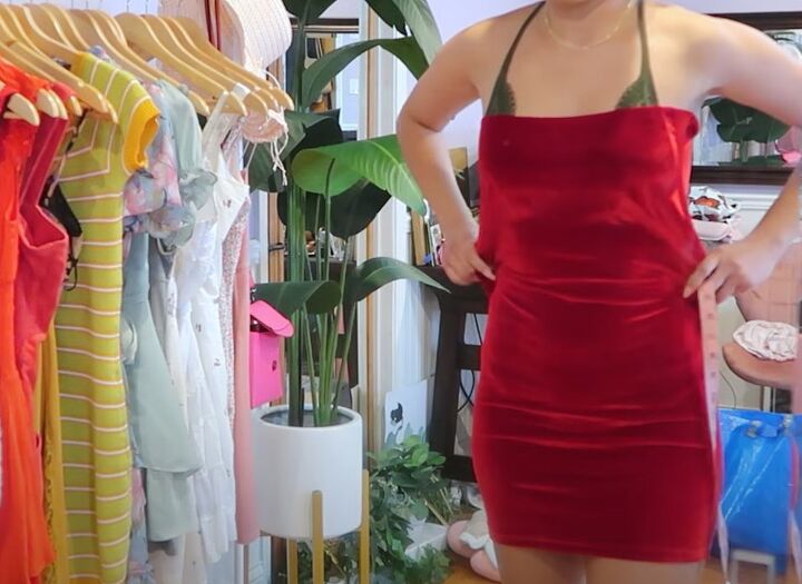 how to diy a sexy christmas dress, Trying the dress on