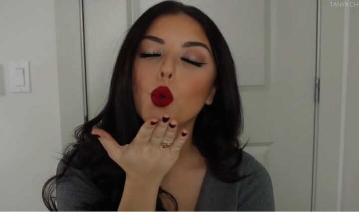 festive bold red lip and glitter eyeliner makeup tutorial, Bold red lip makeup