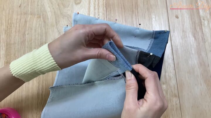 how to diy a chic denim bag, Folded and pinned panel