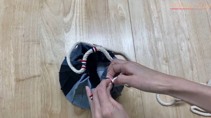 how to diy a chic denim bag, Adding string cord