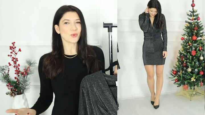 5 glam christmas party outfit ideas, Look 2 Ruched sparkle dress