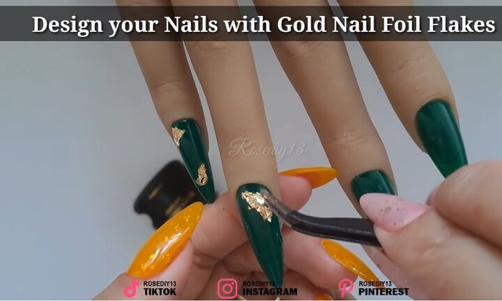 how to do gold foil nails for christmas in 5 easy steps, Adding gold flakes