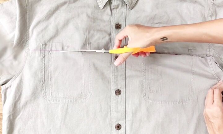 awesome upcycle idea how to make a suspender skirt from an old shirt, Cutting shirt