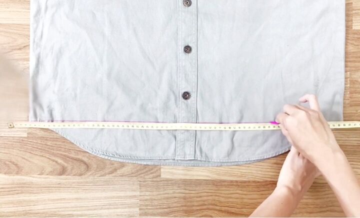 awesome upcycle idea how to make a suspender skirt from an old shirt, Cutting shirt