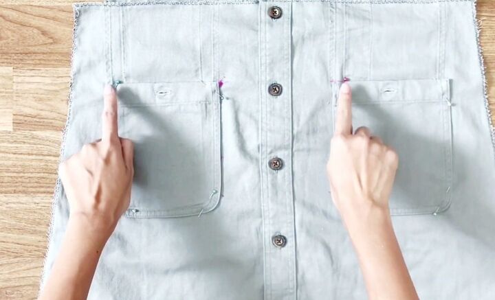 awesome upcycle idea how to make a suspender skirt from an old shirt, Sewing the pockets