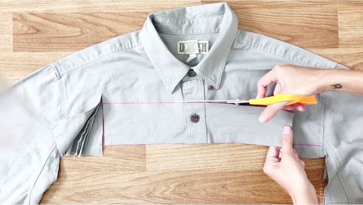 awesome upcycle idea how to make a suspender skirt from an old shirt, Cutting the waist belt