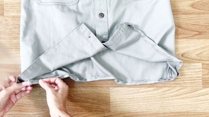 awesome upcycle idea how to make a suspender skirt from an old shirt, Sewing the bottom hem