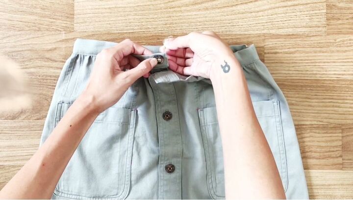 awesome upcycle idea how to make a suspender skirt from an old shirt, Sewing buttons