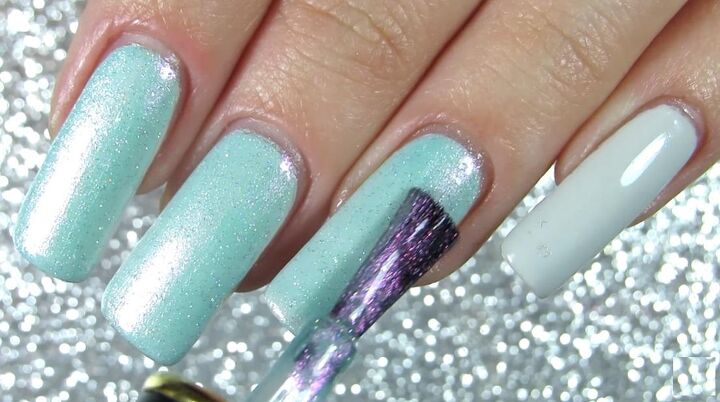 how to diy frosty and festive nails for the holidays, Adding glittery nail polish