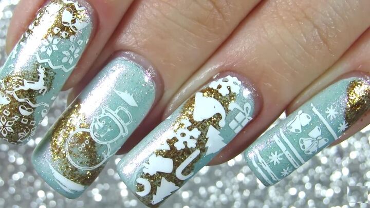 how to diy frosty and festive nails for the holidays, Completed DIY frosty nails
