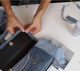 dolce gabbana dupe tutorial how to diy a denim patchwork bag, Adding pieces to the inside