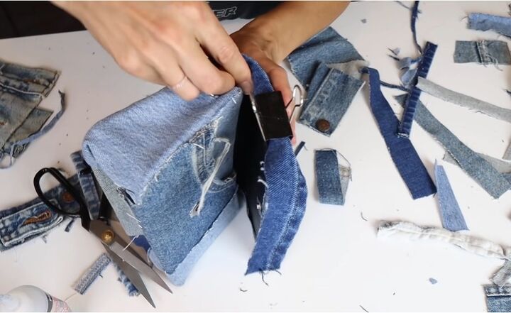 dolce gabbana dupe tutorial how to diy a denim patchwork bag, Clipping the denim in place
