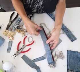 dolce gabbana dupe tutorial how to diy a denim patchwork bag, Covering the strap