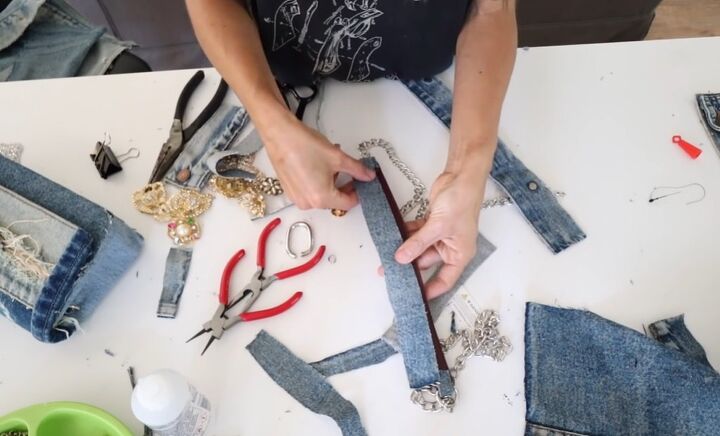 dolce gabbana dupe tutorial how to diy a denim patchwork bag, Covering the strap
