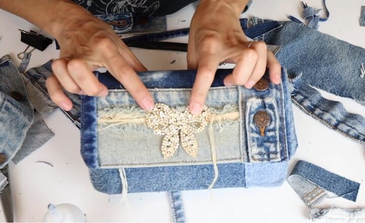 dolce gabbana dupe tutorial how to diy a denim patchwork bag, Adding embellishment