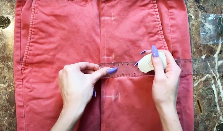 how to diy a cute button front skirt from oversized jeans, Making buttonholes