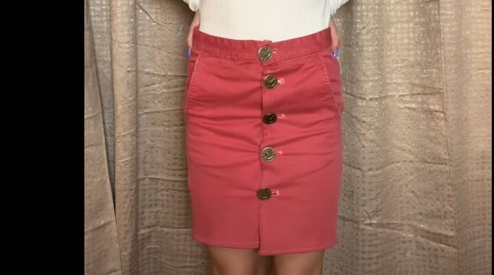 how to diy a cute button front skirt from oversized jeans, Completed button front skirt