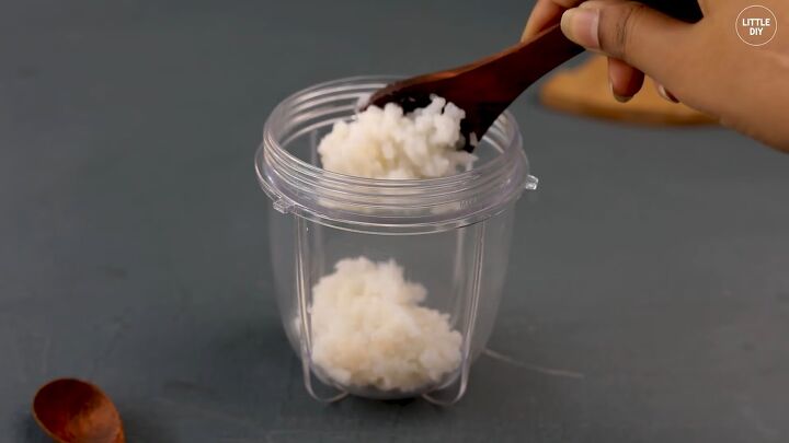 how to diy a rice mask for healthy hair, Adding rice to cup
