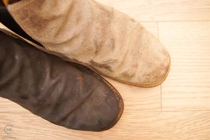 how to waterproof leather boots, one boot waterproofed one not